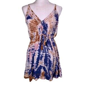 Women’s Boho Tie Dye Sundress Dress Crochet Trim Hippie Festival Beach Size Lg